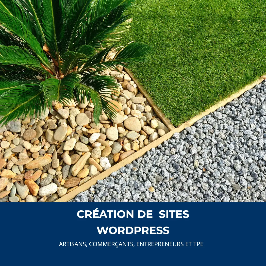 Jardin méticuleusement divisé en sections de galets et gazon, symbolisant la création de sites WordPress diversifiés